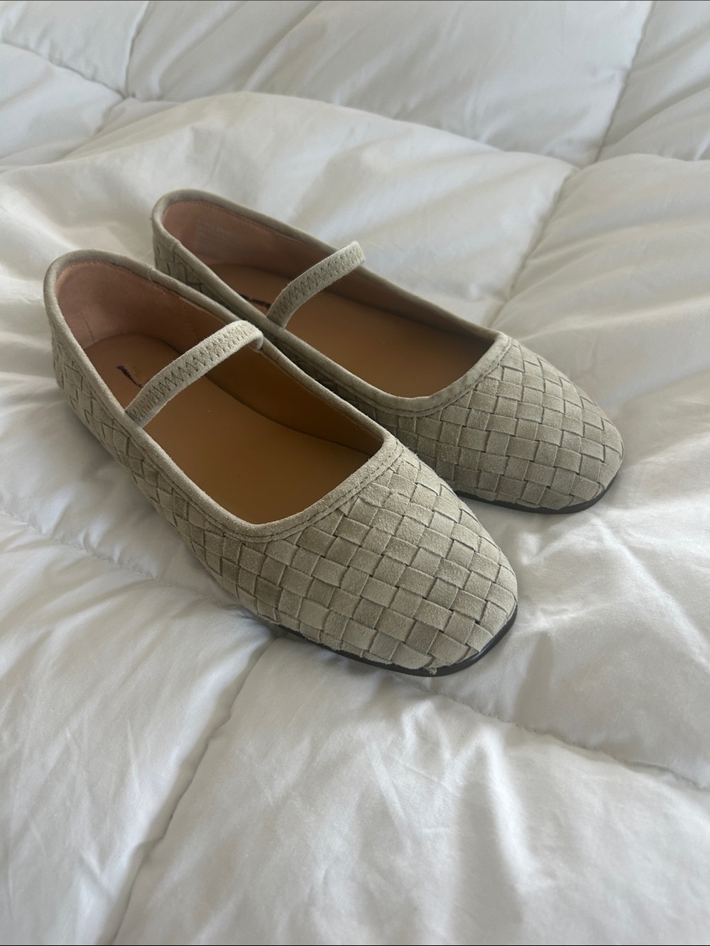 Women’s Woven Mary Jane Flats in Mint Green.